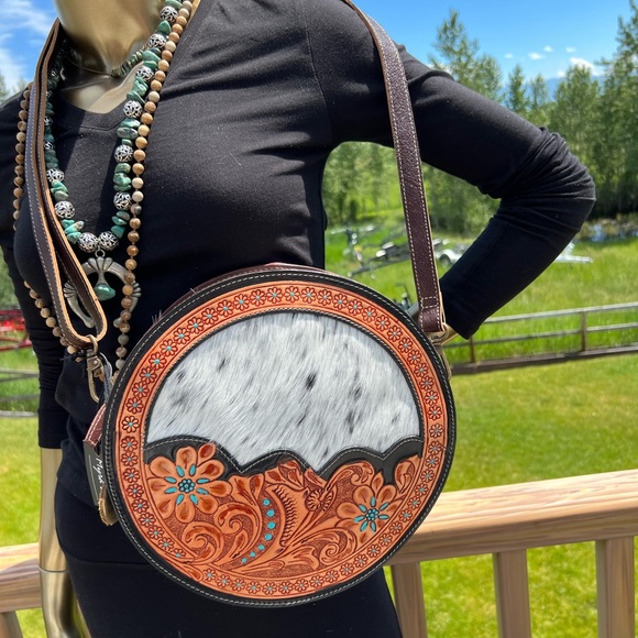 Myra Bag Handbags - Cowhide Round Hand Tooled Leather Myra Bag New crossbody wallet purse turquoise
